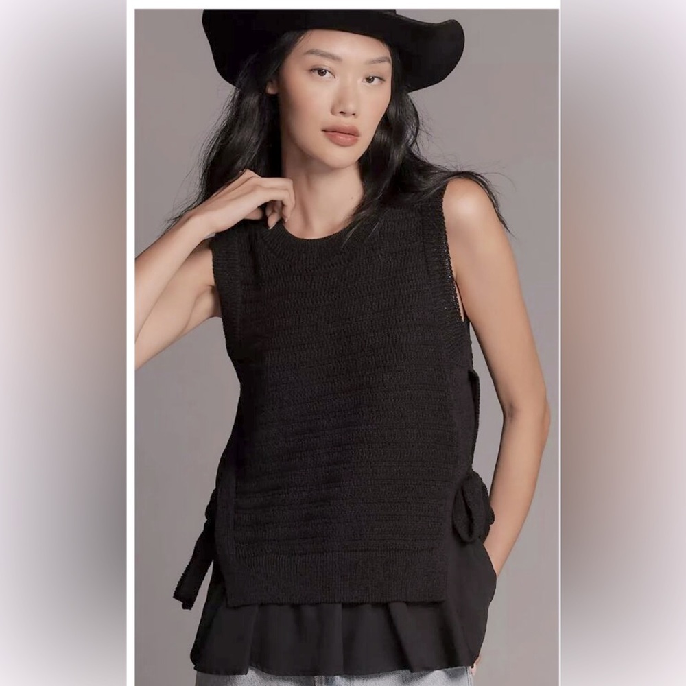 By Anthropologie Women's Twofer Ruffle Tunic Sweater Tank Knit Black Size Large